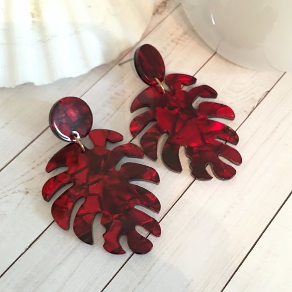 Acrylic Resin Leaf Dangle Drop Earrings (Dk.) - Picture 2 of 5